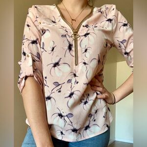 Colori pink floral zipper shirt